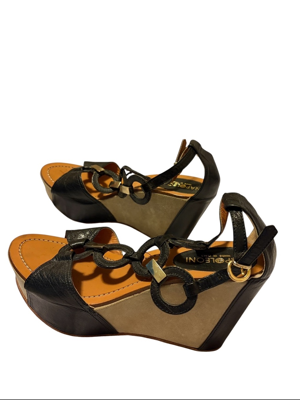 Leather and Suede Black/Tan Wedge Sandals